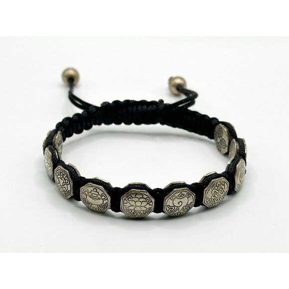 Auspicious Symbols Bracelet: Tibetan Buddhism Silvertone Metal Cord Bracelet - Picture 1 of 5